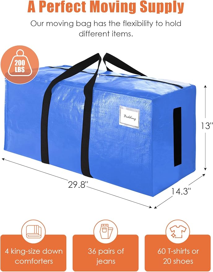 SWEET DOLPHIN 8 Pack 200LB Heavy-Duty Moving Bags with Wrap-Around Handles, Extra Large Storage Totes for Space Saving, Clothes Storage Bags, College Dorm Essentials, Multicolor, 24 Gal - Image 4