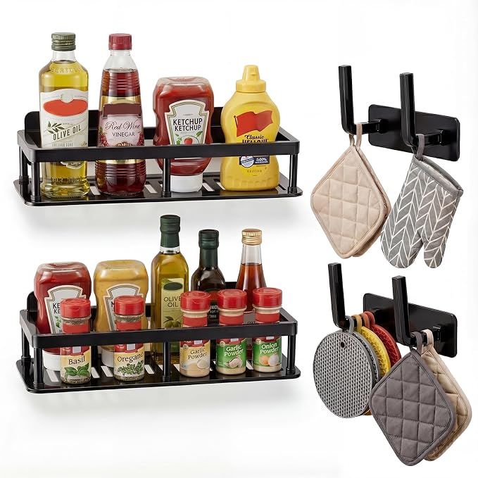 2pc Wall Mounted Floating Shelf, Detachable Storage Rack,No Drill Shelves for Wall,Floating Shelves Damage-Free Expand Walls Space for Living Room Kitchen Bathroom (4, Black) by Unknown
