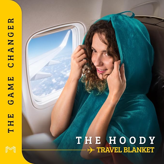 Travel Blanket Airplane Compact with Hoodie, Folds into a Travel Pillow | 300 GSM fleece airplane blanket; attached hoodie doubles as its storage case | 62 x 41 in., luggage strap and secure pocket - Image 4