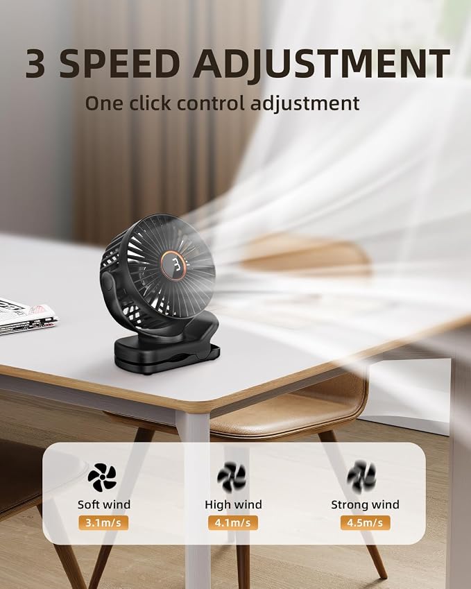 TUNISE Mini Clip on Fan, Battery Operated Desk Fan, Digital display，3 Speeds Adjustable, Bidirectional 360 ° Adjustable, Super Strong Wind, Portable Fan for Home Office Stroller Camping Black - Image 5