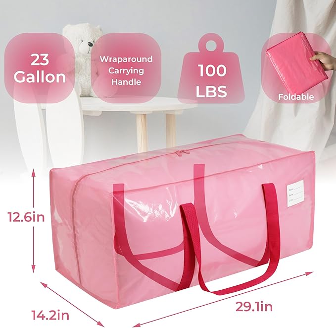 VTSVTS 4 Pack Extra Heavy Duty Large Moving Bags with Comfortable Handle & Strong Zipper,Storage Totes for Space Saving Moving Storage College Supplies Alternative to Moving Box,Pink - Image 3
