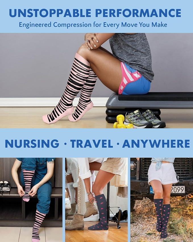 Compression Socks for Women 15-20 mmHg, 2 Pairs | Graduated Support, Knee High Fit, Polyester Stretch, Circulation Comfort, Nurses, Travel, Athletes, Flight, Daily, Patterned - Image 6