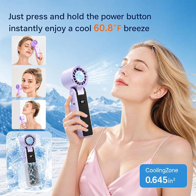 QearFun Portable Handheld Fan With Ice Cooling, 3-In-1 Rechargeable Personal Fan, 5-Speed Settings (1–199), Compact Pocket Fan Ideal For Travel, Outdoor Activities, Home, And Office (purple) - Image 3