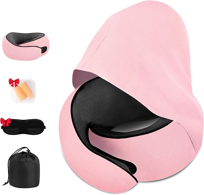 Travel Neck Pillow, Newly Upgraded Hooded Neck Pillow,100% Pure Memory Foam Travel Pillow for Flight Headrest Sleep,Portable Aircraft Accessory,Suitable for use in Plane/Car/Office(Pink) by Unknown