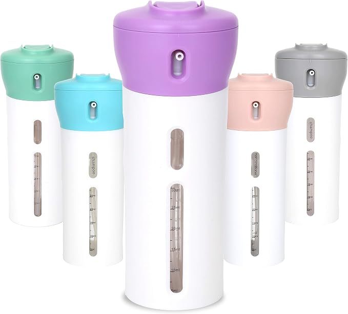 Travigo 4-in-1 Travel Dispenser Bottle, TSA Approved, Leak Proof, Four Reusable 1.4 oz. (40 mL) Toiletry Containers for Shampoo, Conditioner, Soap, Lotion, Skincare (Purple) by Travigo