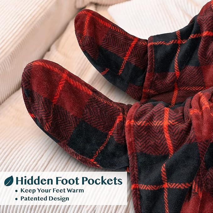 PAVILIA Fleece Blanket with Sleeves, Foot Pockets for Women Men Adults, Plush Wearable Blanket Throw Wrap, Warm Snuggle Blanket Robe, Cozy Gift Ideas Wife Mom, Plaid Red - Image 2