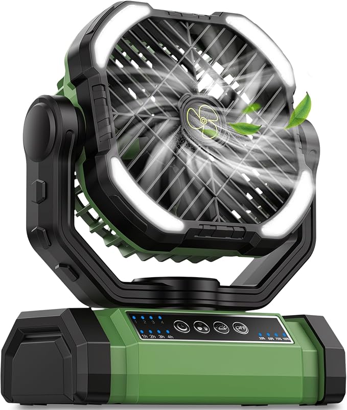 UUYEE Camping Fan Rechargeable, Large Capacity Battery Powered Fans - Green | LED Light, 4-Speed, Cordless, Hanging Hook, 270° Adjustable, Quiet, Lightweight, Battery Operated Fan for Tent Beach Outdoor by UUYEE