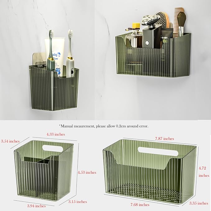 Lae Nuvole 2Pcs Storage Organizer Bins, Wall Mount Toothbrush Holder, Green | with Dividers & 4 Adhesive Pads, No Drill, Renter Friendly, BPA-Free PET; Fits Bathroom, Apartment, RVs, Cabinet/Pantry Door - Image 7