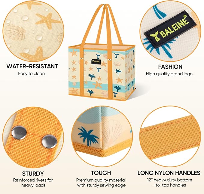 BALEINE 1PK Reusable Grocery Bags, Heavy Duty Shopping Tote Bag | 12'' Long Handles, Reinforced Bottom Keeps Upright, Fold Flat Storage, Water-Resistant Shopping Bag, Multiple Color Options - Image 4