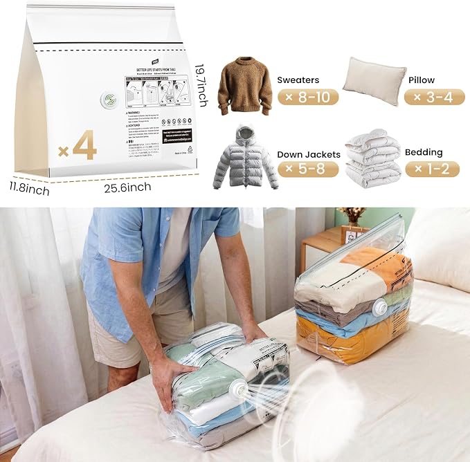 TAILI Cube Vacuum Storage Bags 4 Pack, Medium Size (25x19x11 inch), Clear | Vacuum Seal Bags for Clothing, No Pump Compression Packing Cube for Blanket, Baby Clothes, Space Saver for Home Storage - Image 2