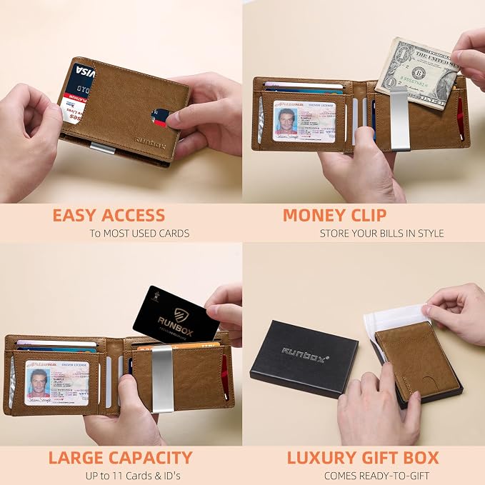 RUNBOX Slim Wallet for Men - RFID Blocking Leather Bifold with Money Clip | Minimalist Front Pocket Wallet Holds 11 Cards,Slim Thin Design,RFID Blocking Protection, Practical Birthday Gifts for Men - Image 2
