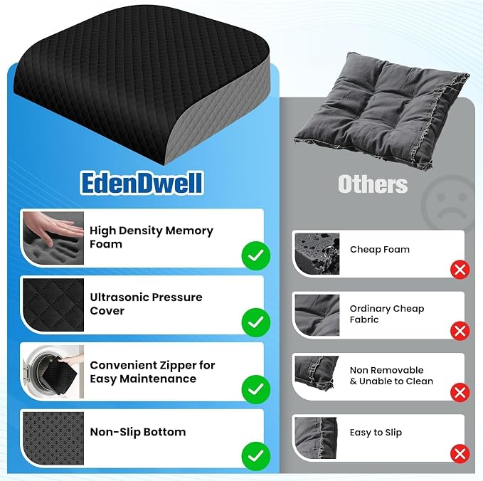 Seat Cushion, Office Chair Cushion, Chair Pad, Large, Black, Large | Memory Foam, Washable Cover, Non-slip Bottom, Portable Handle, for Office, Home and Car - Image 4