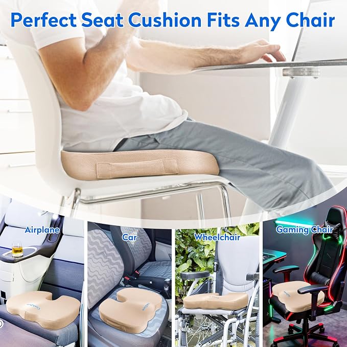 CushZone XL Memory Foam Seat Cushion for Office, Car & Wheelchair, Khaki | U-shaped Coccyx Cutout, Contoured Design, Breathable Removable Mesh Cover, Non-Slip Base, Carry Handle - Image 5