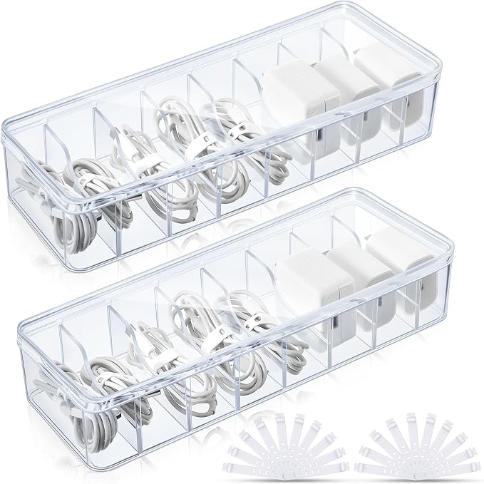 Tatuo 2 Pcs Cord Organizer for Drawer Desktop, Cable Organizer Box with 8 Compartments and Wire Ties, Plastic Charger Storage with Lid, Electronics Case for Home Office Accessories (Small,Clear) by Tatuo