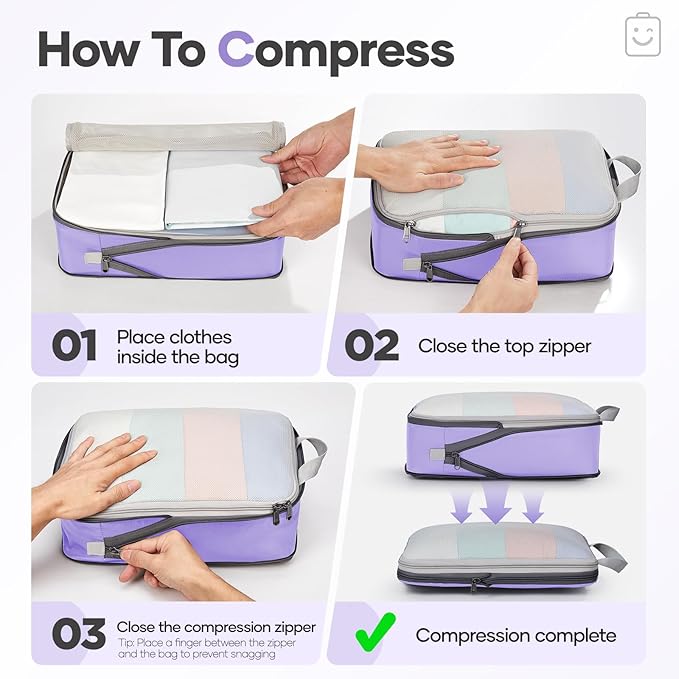 Veken 11 Set Compression Packing Cubes Garment Bags for Travel Essentials,Compressible Expandable Luggage Organizer Bags for Clothing,Space Saver Bags with Over 1000 pcs of Mesh Holes(Light Purple) - Image 3