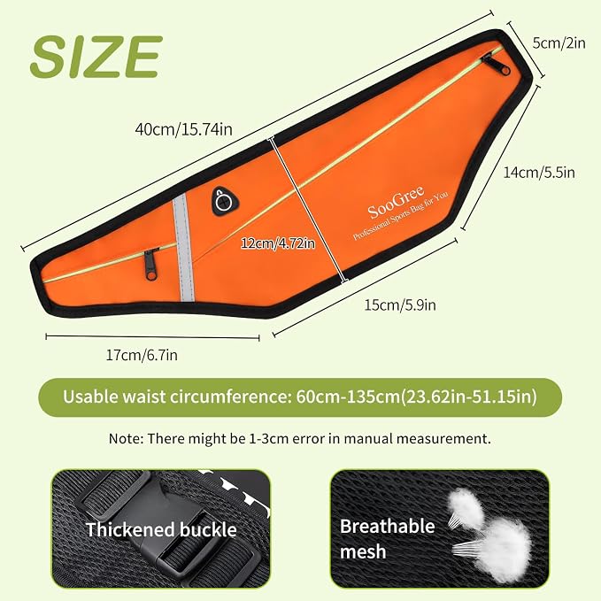 SooGree Slim Running Belt Fanny Packs for Women Men,Water Bottle Holder Hydration Fanny Pouch,Waterproof Sport Waist Pack with Reflective Strip,Runner Belt Bag for Running Cycling Camping Gym (Orange) - Image 2