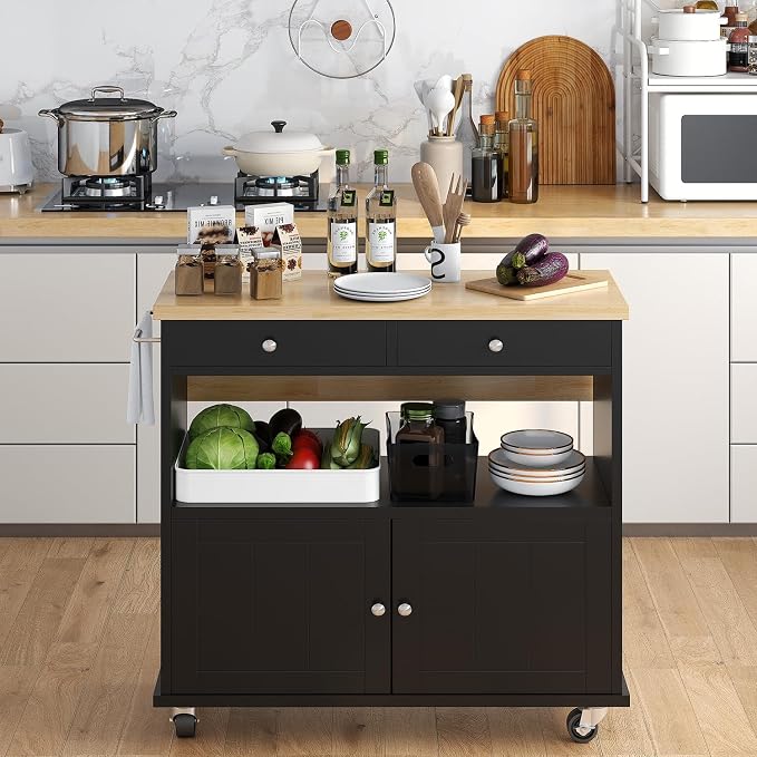 Rolling Kitchen Island with Folding Drop Leaf Breakfast Bar, 35.4'' W Kitchen Cart with Storage Cabinet and 2 Drawers, Portable Mobile Kitchen Island Table with Towel Rack, Lockable Wheels, Black - Image 9