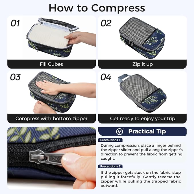 BAGAIL 4 Set/6 Set/8 Set Compression Packing Cubes Travel Accessories Expandable Packing Organizers (Half Mesh, 6-Navy Leaf) - Image 5