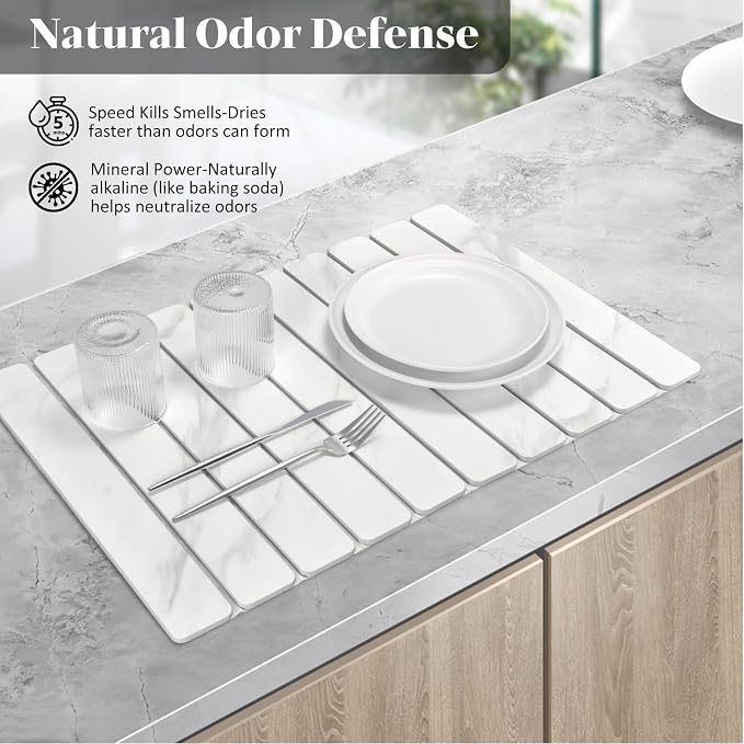 Large Stone Dish Drying Mat for Kitchen Counter, Foldable Quick Drying Dish Mats, Ultra Absorbent Diatomaceous Earth Mats for Dishes Bottles Cups, Match Any Countertop (White Marble 24"×16" & 8"x4") - Image 3