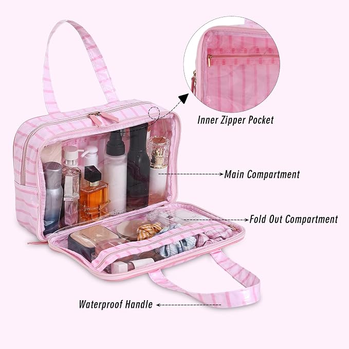 Toiletry Bag for Women, Pink Stripe | Clear Coated,Waterproof,Multiple Compartment,Open Flat,Handle,Travel Organizer for Shampoo,Conditioner,Cosmetic Accessories - Image 3