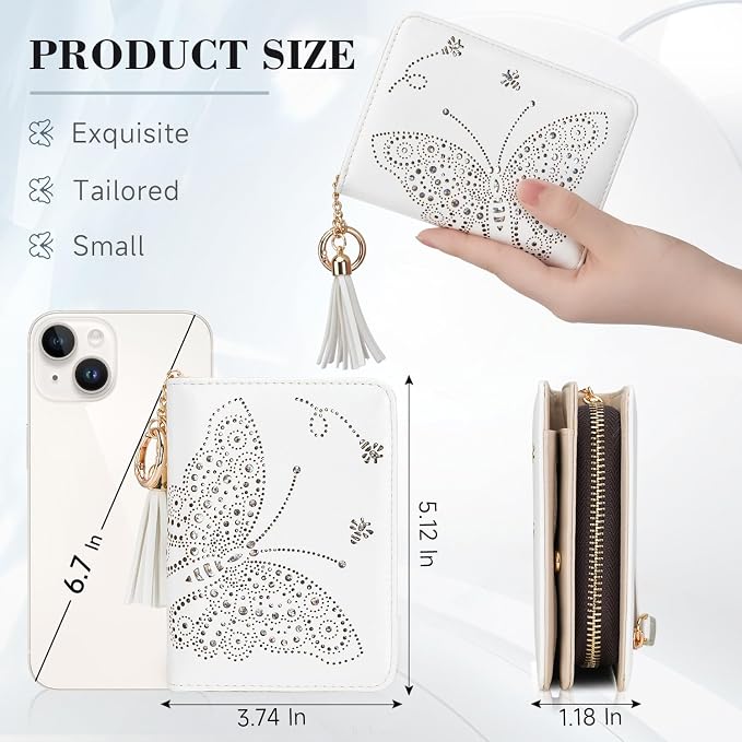 KITEVIUN Women RFID Blocking Small Bifold Wallet, Compact Cash Clutch with Zipper Coin Pocket, Glittery Butterfly Design, Credit Card Holder, Travel Purse with Tassel WHITE - Image 3