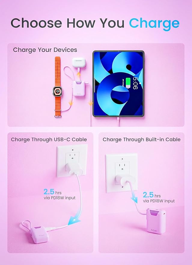 M1 Mini Portable Charger, 10000mAh Ultra-Compact Power Bank, 22.5W PD Fast Charging, Tpye-C Built-in Cable, Small External Battery Pack for iPhone, Samsung, Android iPad (Pink) - Image 4