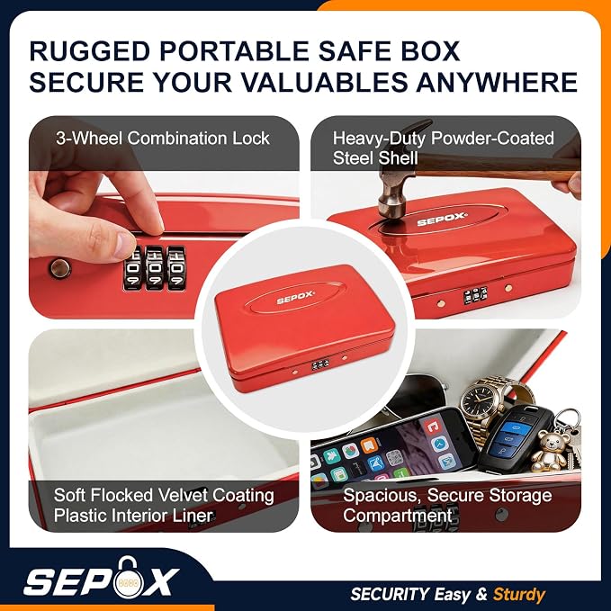 SEPOX® 2PK Portable Steel Safe Box 3-Ft Cable Keyless 3-Digit Combo Red Set | For Dorm Car Office 2 Red Portable Safe Boxes Keyless 3-Digit Lock Steel Shell 3-Ft Steel Cable Secures Cash Cards Valuables - Image 3