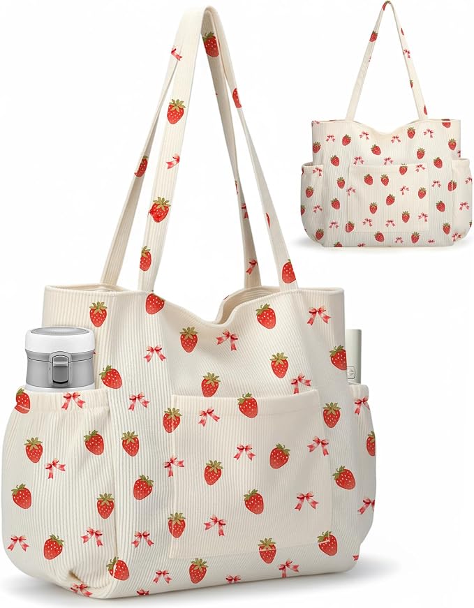 Corduroy Tote Bag for Women,Large Capacity Cute Tote Bags With 6 Pockets,Crossbody Shoulder Handbag for Work Travel Gym by Hatisan