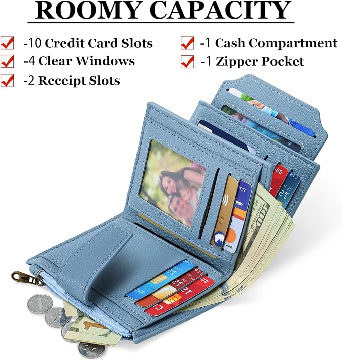 Small Wallet Women RFID Blocking Soft Leather Bifold Compact Card Holder Wallet for Women with Zipper Coin Pocket 4 ID Window - Image 2