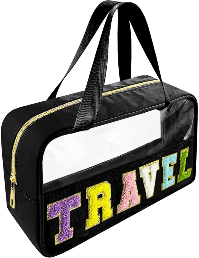 Bunliuys Chenille Letter Clear Makeup Bag Travel Patch, Travel Toiletry Makeup Bag with Handle, Nylon Waterproof Makeup Bags clear cosmetic bag, preppy patch makeup bag for Women (TRAVEL-Black) by Bunliuys