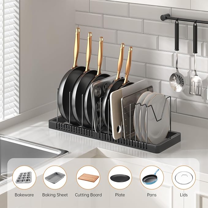 Pots and Pans Organizer under Cabinet, Expandable Pot Lid Organizer Holder with 12 Adjustable Compartment, Pan Organizers inside Cabinet for Lids, Bakeware, Kitchen Storage Pot Rack, Black - Image 3