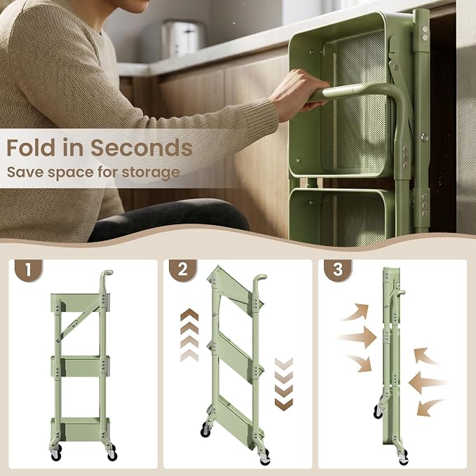 Foldable 3 Tier Rolling Cart, Metal Utility Cart with Wheels | Collapsible Rolling Storage Cart with 3 Hanging Cups, Folding Storage Trolley Organizer Cart for Home Office Kitchen(Green) - Image 6