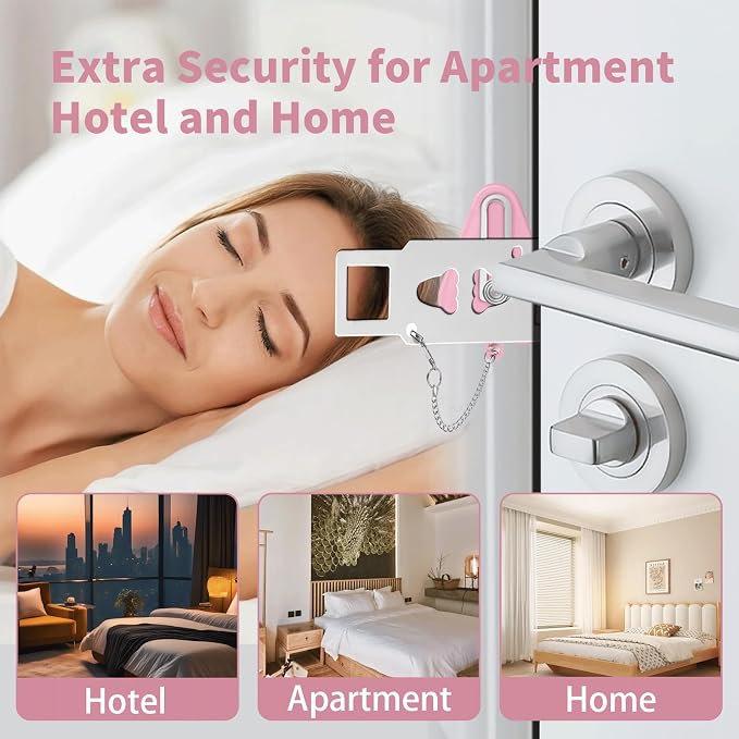 Portable Door Lock & Door Stop Alarm Set, Dual Protection Home Security Door Kit, Travel Hotel Door Lock Devices Pocket Self Defensey Tools for Traveling Hotel Home Apartment,Pink - Image 7