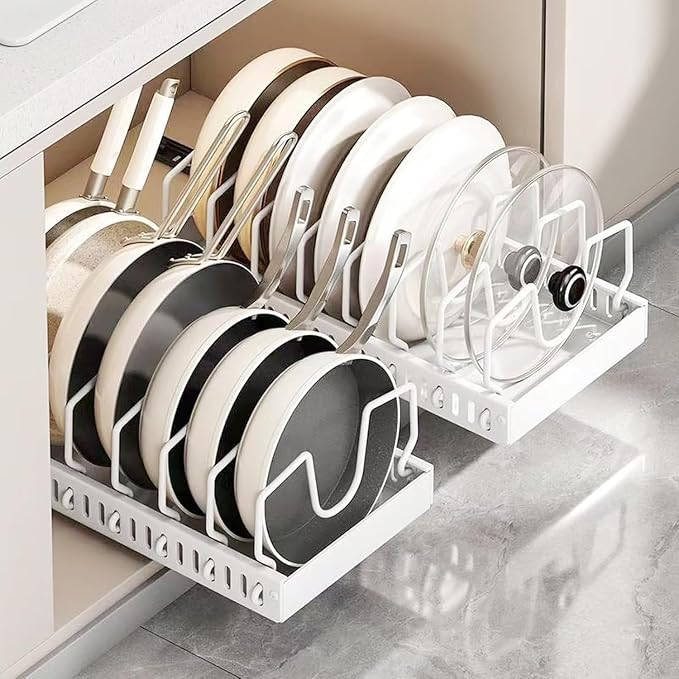 2 Pack Pull Out Pots and Pans Organizer for Cabinet & Countertop, Kitchen Cabinet Organizer with 8 Adjustable Dividers, Storage for Pot Lid, Dishes, Bakeware, White by AMOICHIC