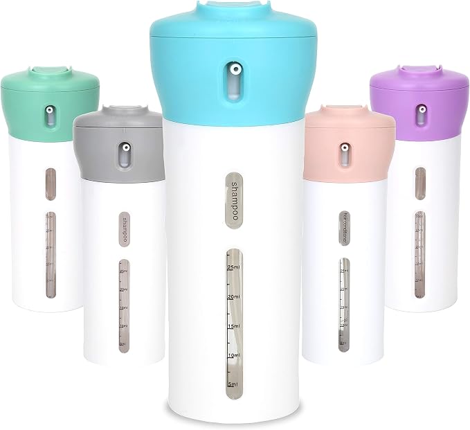 Travigo 4-in-1 Travel Dispenser Bottle, TSA Approved, Leak Proof, Four Reusable 1.4 oz. (40 mL) Toiletry Containers for Shampoo, Conditioner, Soap, Lotion, Skincare (Blue) by Travigo