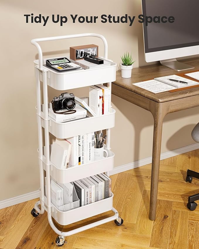 Pipishell Metal 4 Tier Rolling Cart with Handle & 2 Lockable Wheels, White | Four Large 2" Wheels for Easier Movement, Sturdy Metal, Hold 22 lbs per Shelf, Ventilated Mesh Design, for Office and Kitchen - Image 7