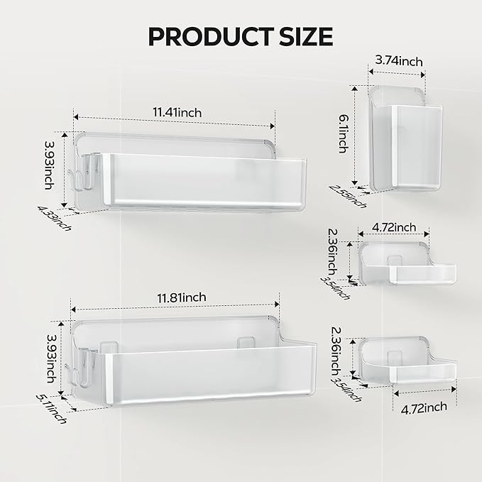 Nieifi Adhesive Shower Shelves, Clear, 5 Pieces | Rustproof ABS, Large Capacity, Removable Design, Easy-Clean, No Drilling Shower Organizer for Bathroom Storage & Home Decor - Image 2