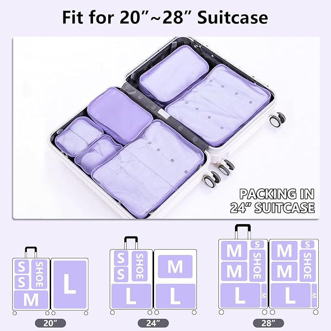 Packing cubes for Travel Luggage Organizer Bags 6 Set Packing Cubes for Suitcases Travel Essentials for Carry on Mesh Suitcase Organizer with Shoe Bag (purple) - Image 5