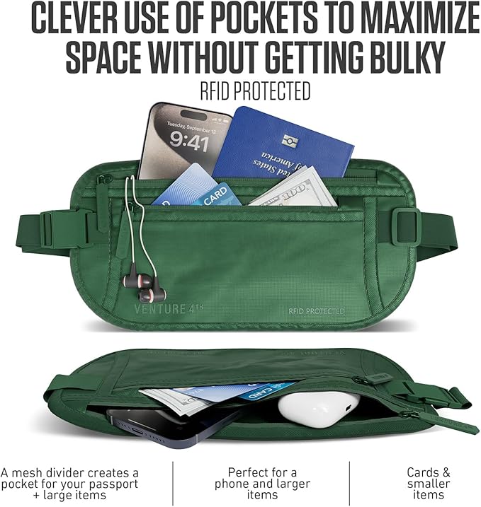 VENTURE 4TH Travel Money Belt, RFID Blocking Passport Holder - Sleek Green - Image 2