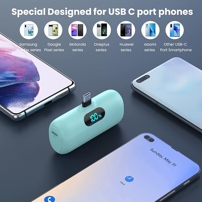 [2-Pack] Mini Portable Charger 5000mAh Power Bank,3A PD USB C Cell Phone Portable Power, LCD Display Battery Pack Compatible with iPhone 17/17 Air/16/16 pro/15/15 pro Max/Android/Samsung/Moto/LG etc - Image 4