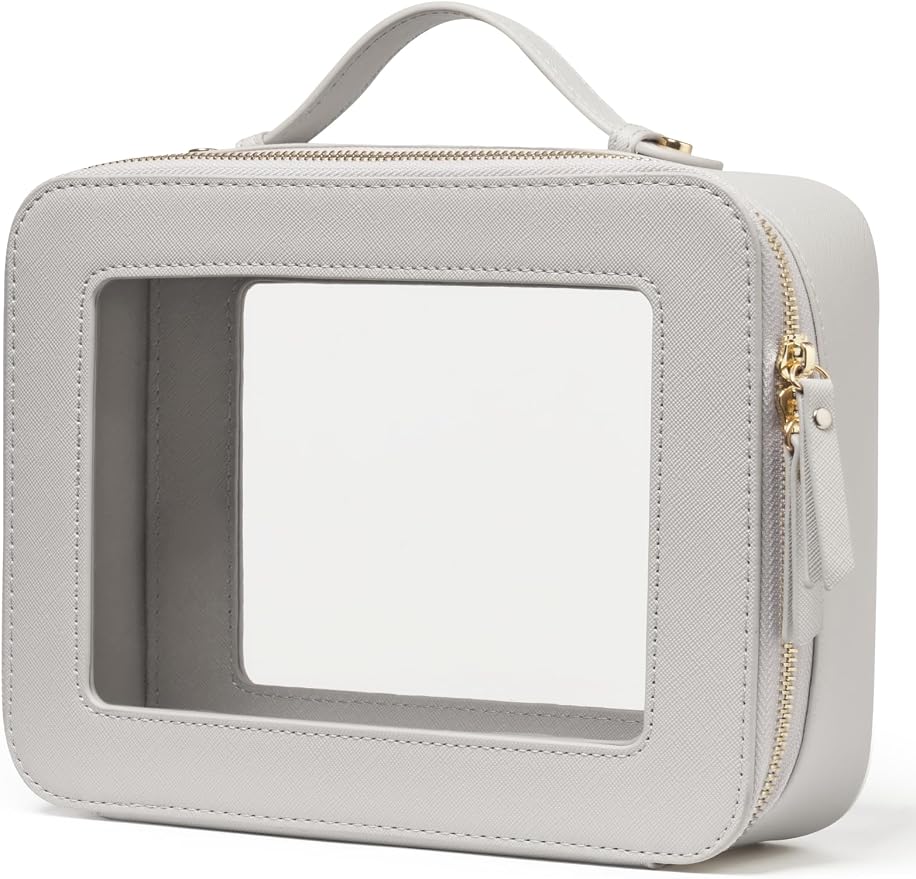 Clear Makeup Bag Toiletry Case Travel Transparent Cosmetic Bag with Zipper, Portable Make Up Organizer Traveling Compact Car Bag for Essentials, Beige Grey by POPVIBE