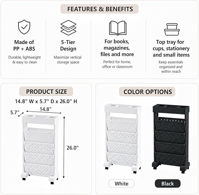 BYFU 5-Tier Movable Bookshelf Cart, 26.0" H, White | Rolling Wheels, File Paper Storage Organizer, Mobile Bookcase, For Home Office Study Classroom - Image 3