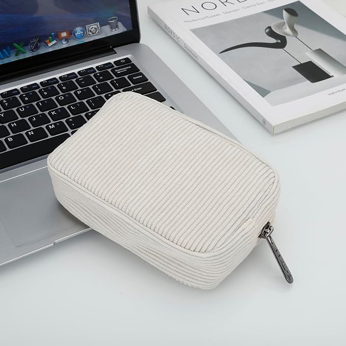 E-Tree Cute Small Makeup Bag,Cosmetic Toiletry Make up Little Items Pouch for Purse,Zipper Mini Tech Charger Cable Electronic Organizer Case,Travel Accessories for Women Men Teen,White Corduroy - Image 6