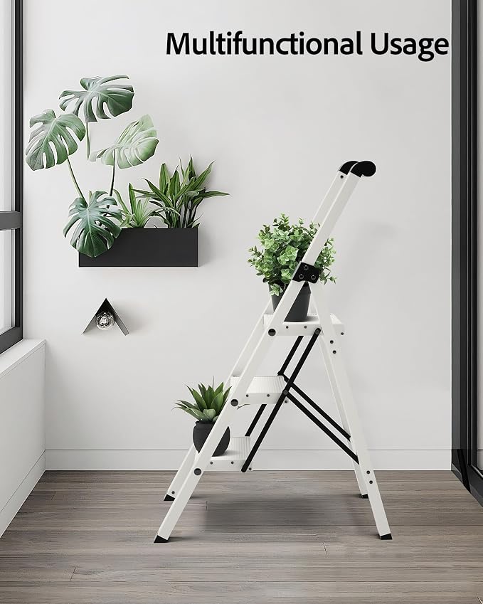 Taranta 3 Step Ladder,Lightweight Aluminum Step Stool Foldable -White | Folding Ladder with Handgrip,Wide Top Pedal,330lbs Capacity for Home,Office,Kitchen - Image 8