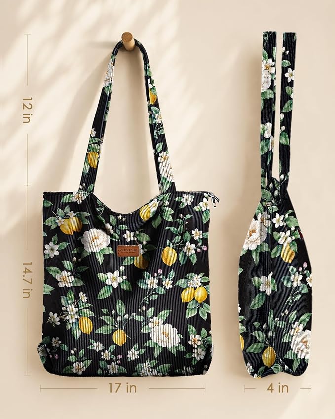 Aesthetic Corduroy Tote Bag with Zipper for Women | Reusable, Fits 14 Inch Laptop, Inner Pocket, double-sided print, Lightweight - Image 5