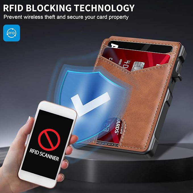 KIKVES Airtag Wallet for Men, Mens Smart Wallet for Air Tag RFID Blocking, Minimalist Bifold Pop Up Aluminum Credit Card Case Holder 12+ Cards with ID Window, Gift for Men, No Airtag Included, Brown - Image 3