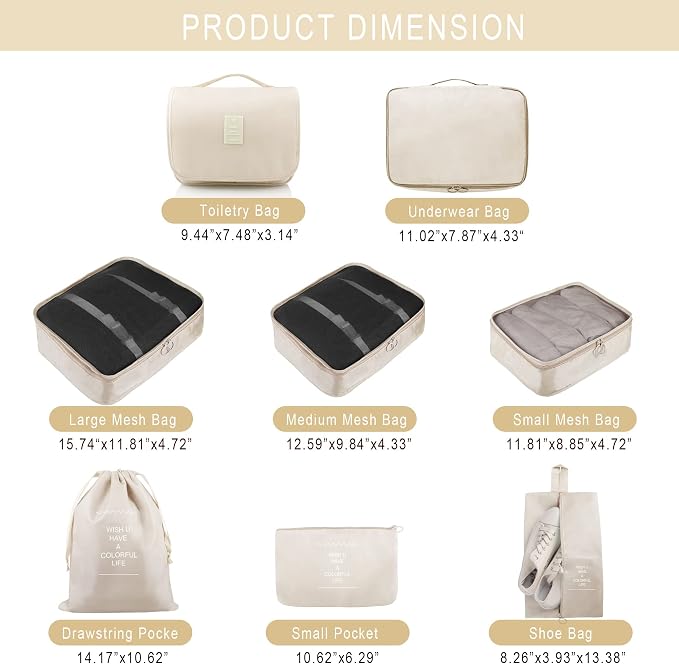 Packing Cubes, 8 Pcs Travel Packing Organizers for Suitcases, Large Capacity Travel Luggage Organizers Set includes 8 Storage Bags (Beige) - Image 2
