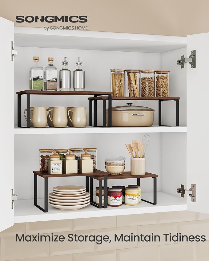 SONGMICS Cabinet Organizer Shelf, Set of 2 Spice Rack, Kitchen Storage | Kitchen Counter Storage Spice Rack, Particleboard, Steel, Natural Walnut and Matte Black, BYSTRO Collection UKCS025K01 - Image 2