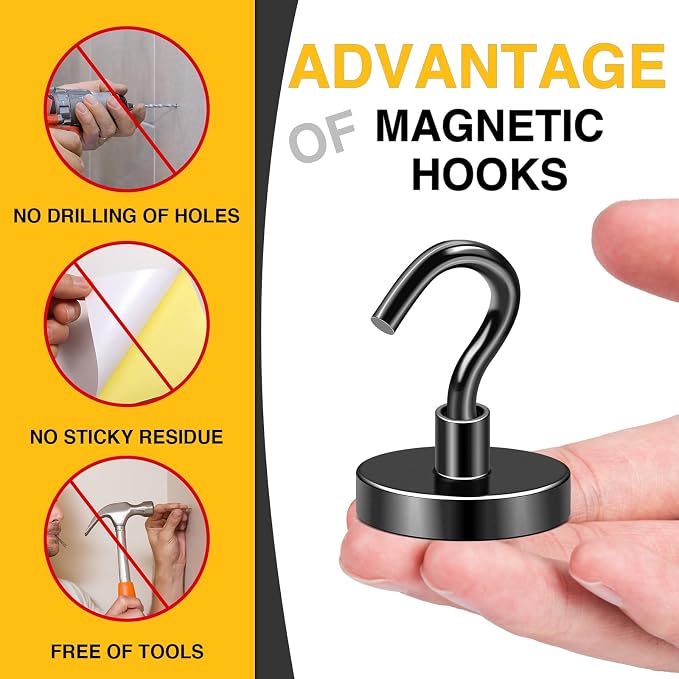DIYMAG Magnetic Hooks,170lbs 10p Cruise Cabin Essentials Heavy Duty Black | Strong Neodymium Rare Earth Magnets, for Kitchen, Classroom, Beach, Cruise Cabins, Refrigerator, Hanging Key Clothes Wall Hat - Image 7