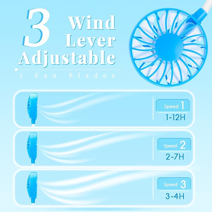JUANANIUG Portable Neck Fan Rechargeable Personal HandFree Fan Mini USB Wearable Neckband Sport Fan 3 Speed Adjustable 360 Degrees Rotation Perfect for Working Traveling Office Reading (Blue) - Image 3